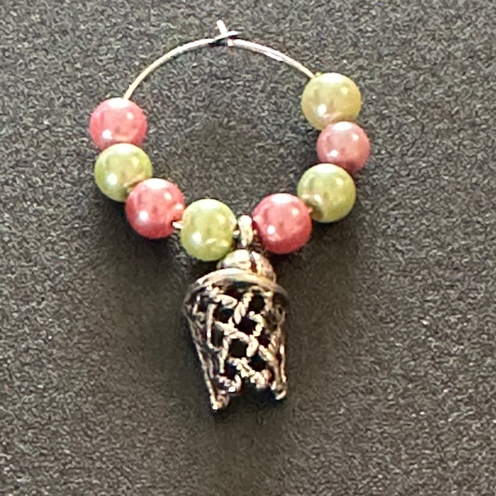 Wine glass tag, stainless steel hoop, green/pink beads, basketball charm